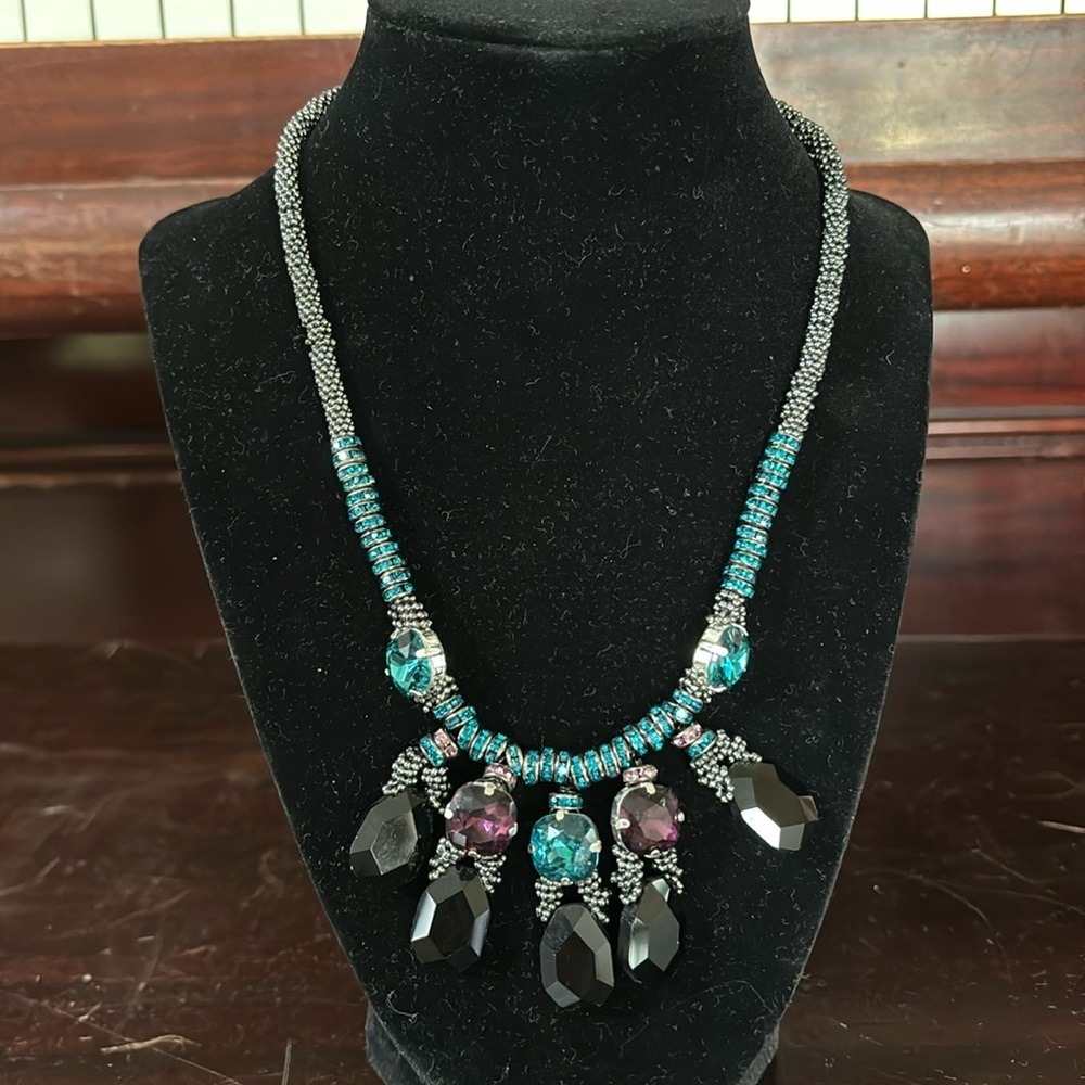 Anthropologie Teal Purple Black Statement Necklace Beaded Gunmetal‎ 30361315 NWT